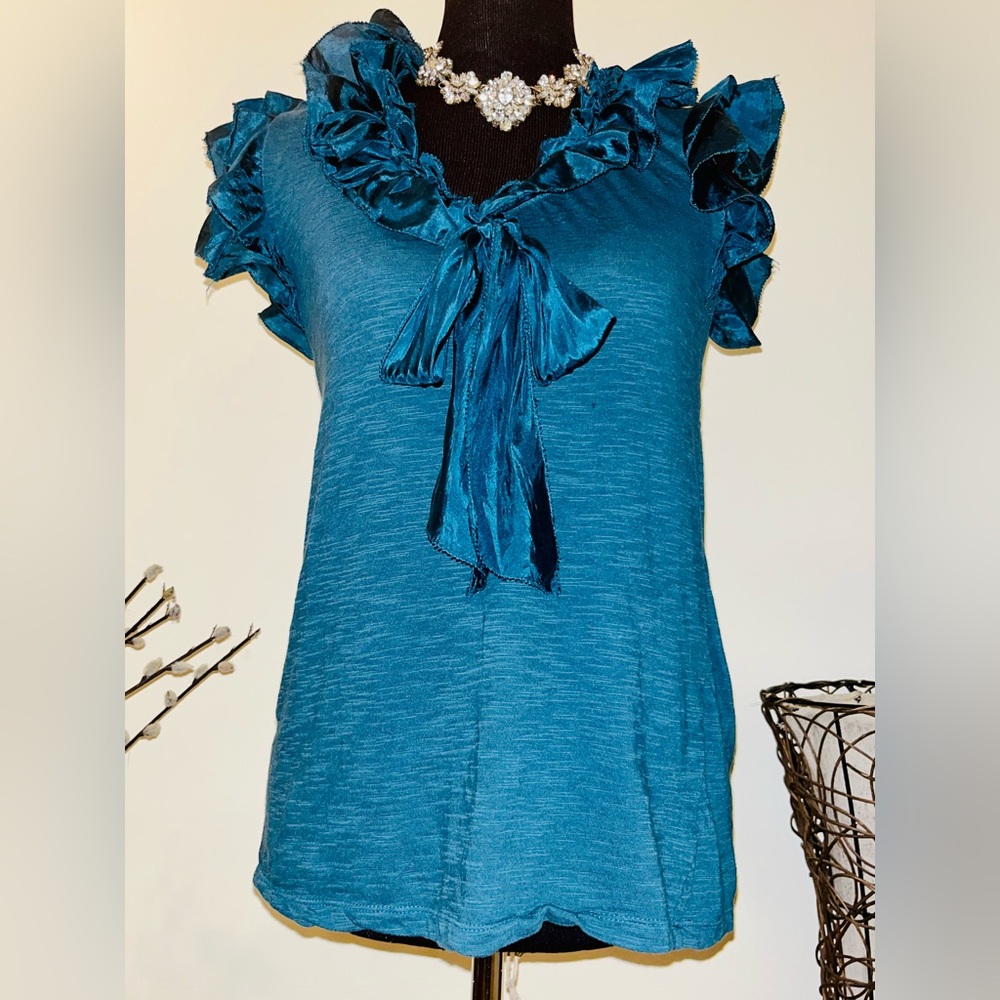 Velvet Vintage Teal Ruffle Tee Shirt